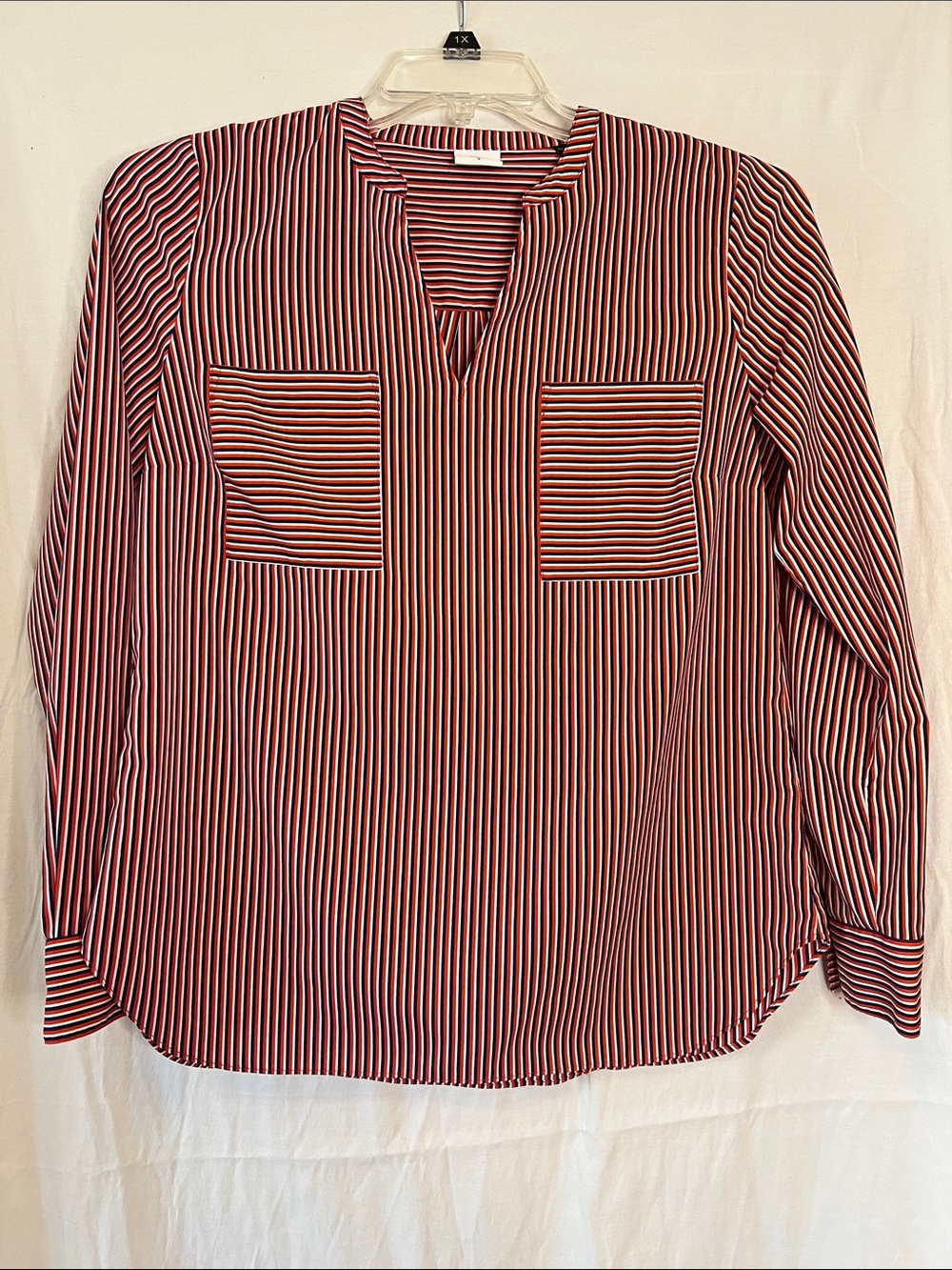 CAbi Franklin Split Neck Blouse Striped Red & White Tunic Henley Size S